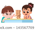 Kids Playing Wooden Block Stacking Game Cartoon Illustration 143567709