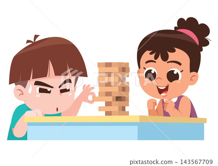 Kids Playing Wooden Block Stacking Game Cartoon Illustration Kids Playing Wooden Block Stacking Game Cartoon Illustration 143567709