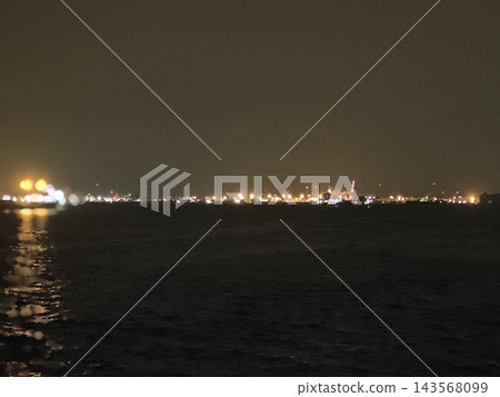Nighttime harbor, the night view of the industrial area and the lights on the water. Nighttime harbor, the night view of the industrial area and the lights on the water. 143568099
