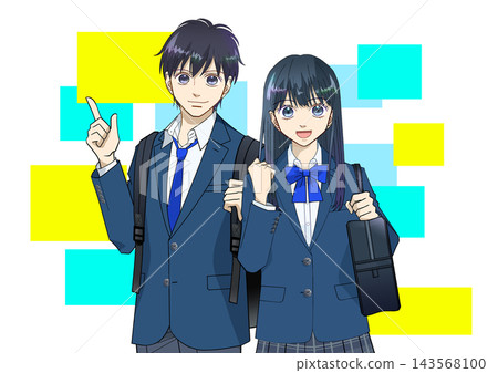 Anime-style illustrations of high school or middle school boys and girls, with colorful backgrounds and white backgrounds. 143568100