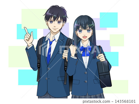Anime-style illustrations of high school or middle school boys and girls, with colorful backgrounds and white backgrounds. 143568101