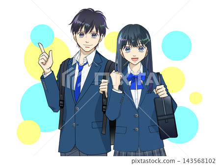 Anime-style illustrations of high school or middle school boys and girls, with colorful backgrounds and white backgrounds. 143568102