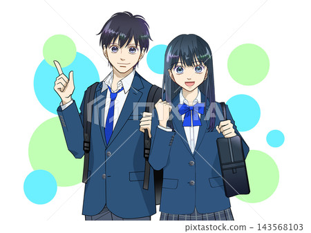 Anime-style illustrations of high school or middle school boys and girls, with colorful backgrounds and white backgrounds. 143568103