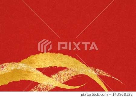日式紙張上以奢華的紅色和金色毛筆畫為背景。 143568122