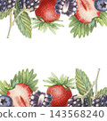 Square frame, strawberry, blackberry, blueberry. Hand-painted watercolor illustration isolated on white for summer invitations, dessert, branding, recipe, cookbook, jam, beverages, cosmetic, design 143568240