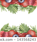 Square frame, strawberry, raspberry, blueberry. Hand-painted watercolor illustration isolated on white for summer invitations, dessert, branding, recipe, cookbook, jam, beverages, cosmetic, design 143568243