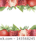 Square frame, half strawberry, raspberry, leaves. Hand-painted watercolor illustration isolated on white for summer invitations, dessert, branding, recipe, cookbook, jam, beverages, cosmetic, design 143568245