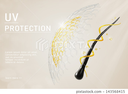 Hair UV protection 3d banner with glass hexagon shield sphere. Follicle with liquid cosmetic swirl, gold drops and dome barrier. Oil heat protect spray, repair summer damage cuticle. 3D illustration Hair UV protection 3d banner with glass hexagon shield sphere. Follicle with liquid cosmetic swirl, gold drops and dome barrier. Oil heat protect spray, repair summer damage cuticle. 3D illustration 143568415