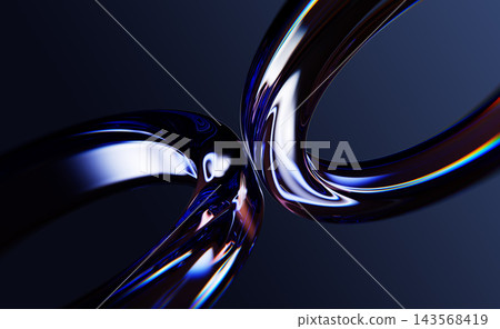 Abstract digital tech 3d background with liquid glass ribbons wave lines. Curved water streams with glowing blue purple neon light on dark backdrop. Modern futuristic graphic design. 3D illustration 143568419