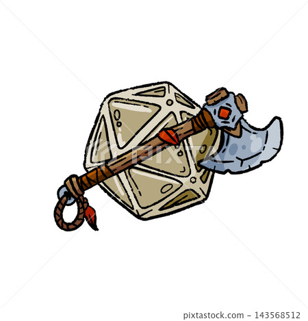 D20 dice axe, hand drawn blank die battle axe, tabletop game icon. Fantasy rpg gambling emblem, dice twenty sides beige steel. D20 dice axe warrior 143568512