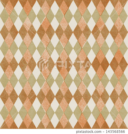 Argyle seamless pattern with watercolor orange and green rhombus shapes. Geometric diamond texture creates vintage background design. Use for wallpaper and fabric. Retro circus textile art print. Argyle seamless pattern with watercolor orange and green rhombus shapes. Geometric diamond texture creates vintage background design. Use for wallpaper and fabric. Retro circus textile art print. 143568566