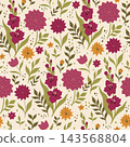 Autumn floral seamless pattern with blooming magenta and orange flowers and green leaves 143568804