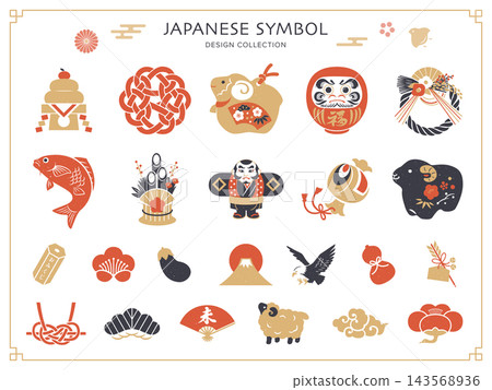 Retro Japanese-style illustration set for New Year's / Year of the Sheep Retro Japanese-style illustration set for New Year's / Year of the Sheep 143568936