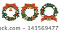 Christmas wreath illustration set, vector, white background, red ribbon. 143569477