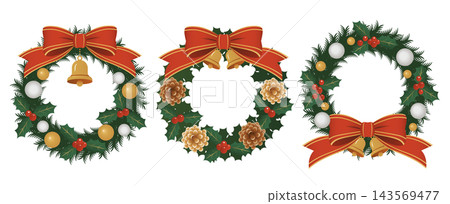Christmas wreath illustration set, vector, white background, red ribbon. 143569477