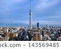 Under the refreshing blue morning sky, the Tokyo Skytree and the vast cityscape can be seen from above Kinshicho. 143569485