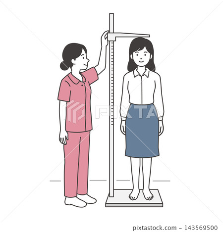 An illustration of a female employee having her height measured during a health checkup, and a nurse. An illustration of a female employee having her height measured during a health checkup, and a nurse. 143569500