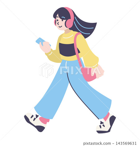 An illustration of a young woman walking while wearing pink headphones and holding a smartphone. An illustration of a young woman walking while wearing pink headphones and holding a smartphone. 143569631