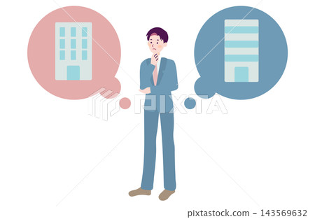 An illustration of a male businessman struggling to decide which of two companies to choose. 143569632
