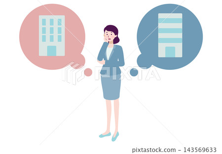 An illustration of a female business person comparing two companies and deciding which one to choose. An illustration of a female business person comparing two companies and deciding which one to choose. 143569633