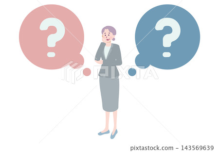 An illustration of a senior female business person struggling to decide which of two options to choose. 143569639