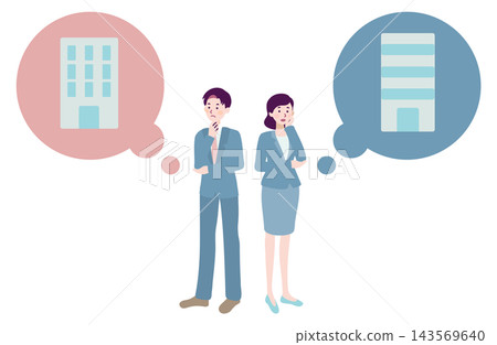 An illustration of a male and female business person comparing two companies and deciding which one to choose. 143569640