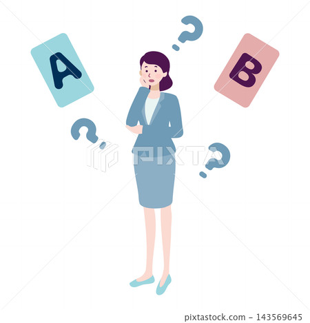 An illustration of a female business person struggling to decide between A and B. An illustration of a female business person struggling to decide between A and B. 143569645