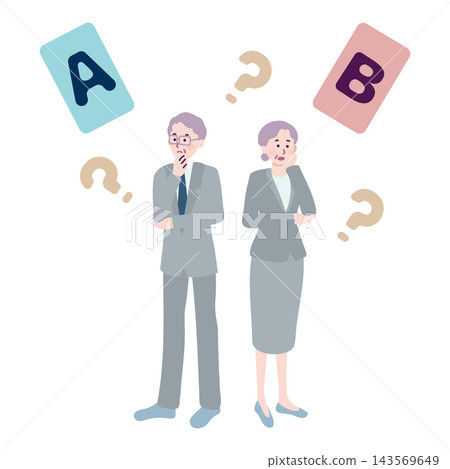 An illustration of senior male and female business professionals struggling to decide between A and B. An illustration of senior male and female business professionals struggling to decide between A and B. 143569649