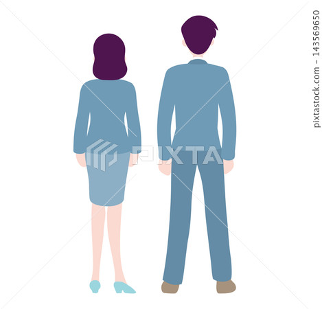 An illustration showing the backs of two business people, a man and a woman, standing side by side in suits. An illustration showing the backs of two business people, a man and a woman, standing side by side in suits. 143569650