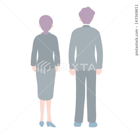 一幅插圖,展示了兩位高級商務人士(一男一女)的背影,他們身著西裝並肩站立。 一幅插圖,展示了兩位高級商務人士(一男一女)的背影,他們身著西裝並肩站立。 143569651