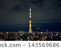 The Tokyo Skytree is lit up in the silence of the late night, and the city lights can be seen from Kinshicho. 143569686