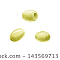 Green olives watercolor illustration set of three individual pitted fruits isolated on white. Mediterranean food objects illustration for menus, oil packaging and recipes. Hand drawn botanical sketch 143569713