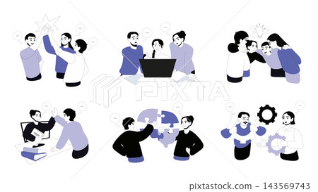 Teamwork set flat concepts. People working together, supporting and encouragement, business team communicating and brainstorming, creating solutions, consulting and meeting. Vector illustrations. Teamwork set flat concepts. People working together, supporting and encouragement, business team communicating and brainstorming, creating solutions, consulting and meeting. Vector illustrations. 143569743