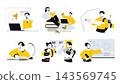 School learning set flat concepts. People studying and get education, teacher at lesson, pupils reading books in library, students doing homework, classmates talking at class. Vector illustrations. 143569745