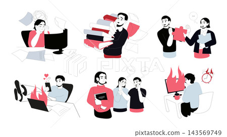 Office problems set flat concepts. People overworked, getting stress and burnout, lot of paperwork, distraction and frustration, toxic workplace with conflicts or gossips. Vector illustrations. Office problems set flat concepts. People overworked, getting stress and burnout, lot of paperwork, distraction and frustration, toxic workplace with conflicts or gossips. Vector illustrations. 143569749