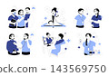 Medical clinic set flat concepts. People visiting doctors in hospital, gets consultations of professional specialists, physician making diagnosis and appointments, online help. Vector illustrations. 143569750