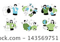 Ecology set flat concepts. People sorting trash in separation bins, zero waste lifestyle, recycling, using eco bags and alternative things, wind turbine electricity generation. Vector illustrations. 143569751