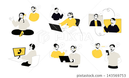 Call center set flat concepts. People calling in client support line, technical assistants in headsets consulting and helping, online agents conversating and give information. Vector illustrations. Call center set flat concepts. People calling in client support line, technical assistants in headsets consulting and helping, online agents conversating and give information. Vector illustrations. 143569753