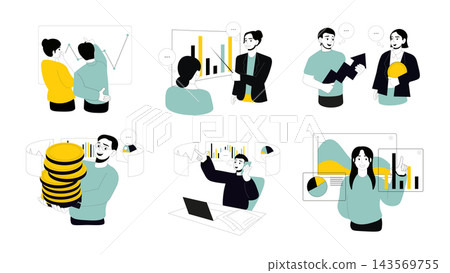 Business management and multitasking set flat concepts. People planning strategy, meeting with project presentation, staff collaborating and cooperating in effective workflow. Vector illustrations. Business management and multitasking set flat concepts. People planning strategy, meeting with project presentation, staff collaborating and cooperating in effective workflow. Vector illustrations. 143569755