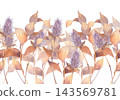 Watercolor thistle flowers with lavender spiky blooms and warm beige foliage arranged in horizontal border composition for floral design and decor purposes. 143569781