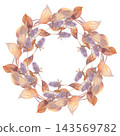 Watercolor wreath of dried leaves and lthistle in soft autumn palette, circular botanical frame for invitations and stationery, handpainted floral composition 143569782