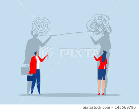 Business people talk with tangled chaos knot to solution. roblem Solving, mental problem solving brainstorm concept. Business people talk with tangled chaos knot to solution. roblem Solving, mental problem solving brainstorm concept. 143569790
