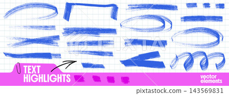 Brush underline set with blue strokes and rough oval outlines. Dry ink texture with a broad bracket and curled ribbon. Hand drawn vector accents for poster heading or presentation design Brush underline set with blue strokes and rough oval outlines. Dry ink texture with a broad bracket and curled ribbon. Hand drawn vector accents for poster heading or presentation design 143569831