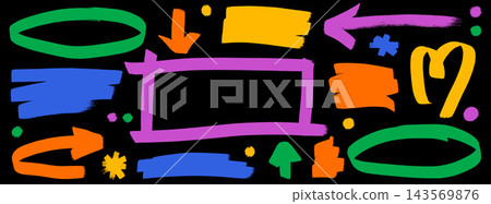 Frame highlight with arrow and brush patches in bold colors . Rough hand drawn texture with ovals, heart, dots, text markup. Playful vector set for video callouts or event posters or magazine Frame highlight with arrow and brush patches in bold colors . Rough hand drawn texture with ovals, heart, dots, text markup. Playful vector set for video callouts or event posters or magazine 143569876