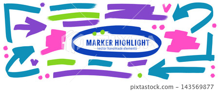 Thick arrow collection in blue, purple, pink and green. Rough marker texture streak with oval frame, underlines and dots. Funky vector set for tutorial callouts or presentation graphics or sale text Thick arrow collection in blue, purple, pink and green. Rough marker texture streak with oval frame, underlines and dots. Funky vector set for tutorial callouts or presentation graphics or sale text 143569877