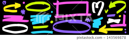 Marker line, rectangle with frames and callout arrows in bright colors . Rough brush stroke texture with ovals, patches and heart symbols. Border vector set for social posts or presentation slides Marker line, rectangle with frames and callout arrows in bright colors . Rough brush stroke texture with ovals, patches and heart symbols. Border vector set for social posts or presentation slides 143569878