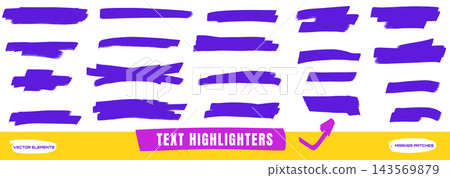 Brush marker highlight set with violet swipes. Rough felt tip edges. Colorful vector collection for study notes or social media emphasis. Handmade underline for sale callout or quotation Brush marker highlight set with violet swipes. Rough felt tip edges. Colorful vector collection for study notes or social media emphasis. Handmade underline for sale callout or quotation 143569879