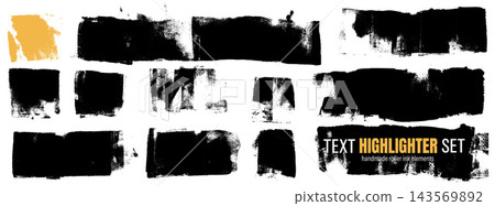 Black dry brush highlights with broad strokes and swatches and dab accent. Rough roller ink texture with ragged edges. Paintbrush gritty vector elements for labels or promotional callout underline 143569892