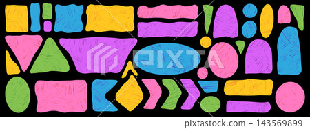 Tag promo set with playful crayon texture and irregular edges. Purple green and yellow trapezoid, square forms create sale labels. Tag promo vector for advertising layout or promotional banner bg 143569899
