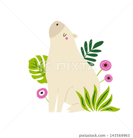 Funny capybara sitting in a lush foliage Funny capybara sitting in a lush foliage 143569963